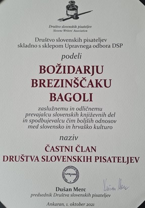 Bagola postao počasnim članom Društva slovenskih pisaca