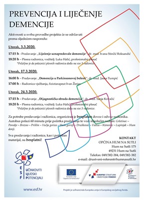 Predavanja i radionice  „Prevencija i liječenje demencije“ , ožujka 2020.